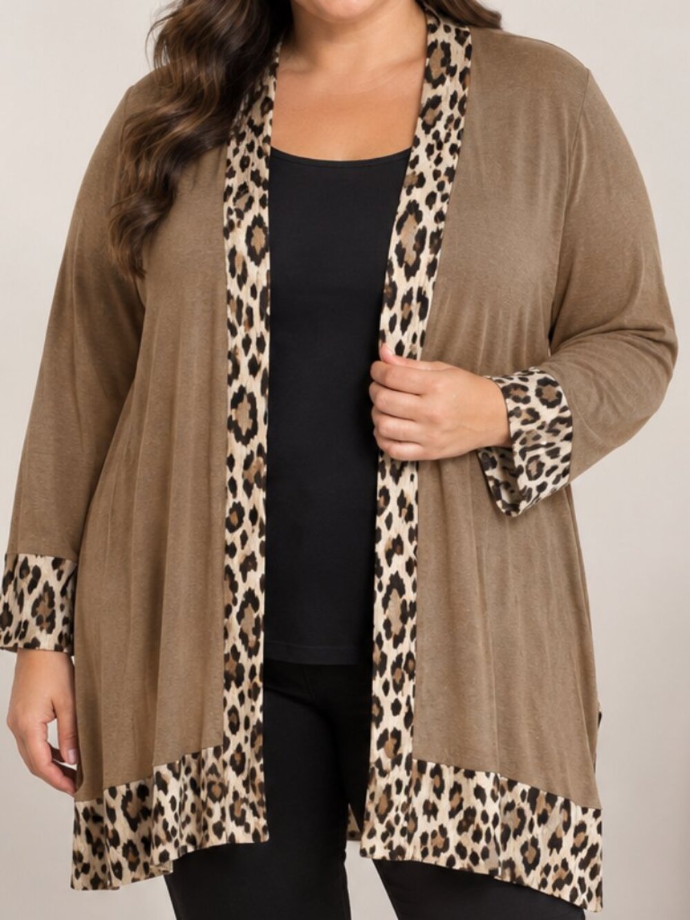 Plus Size Tan Leopard Print Trim Open Front Cardigan Duster Size 4